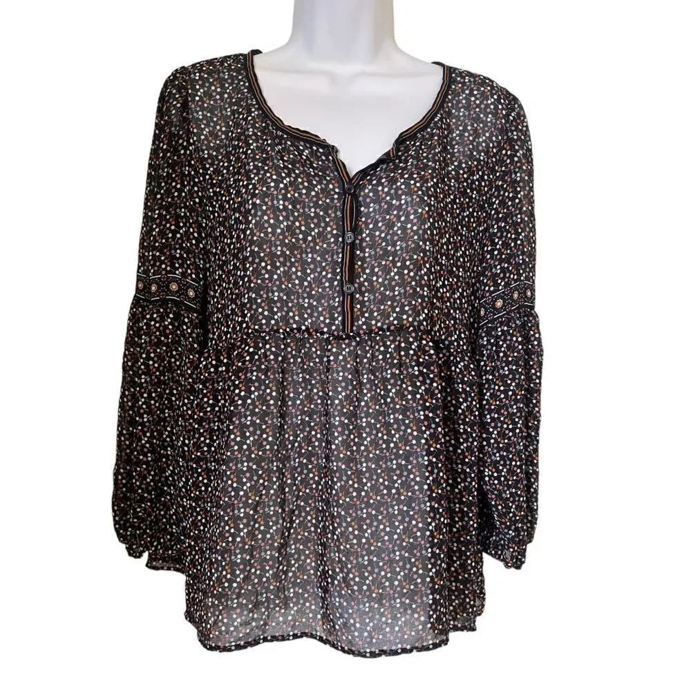 Max Studio Sheer Black Multicolor Long Sleeve empire Waist Blouse top sz M